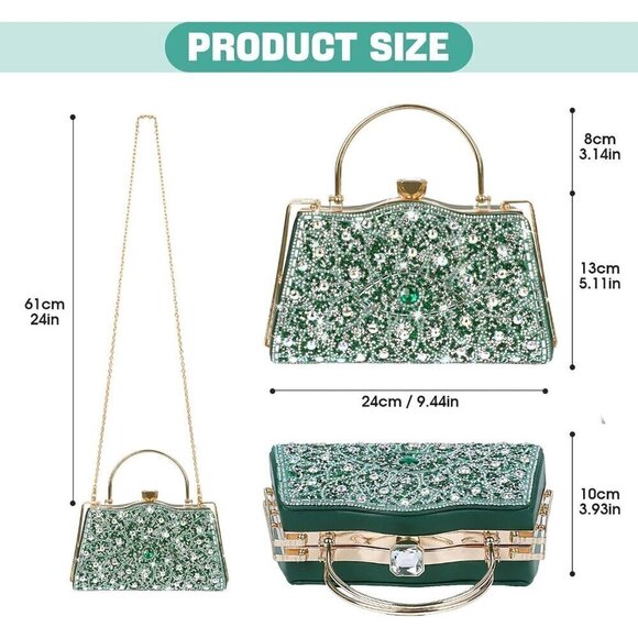 Women Green Sparkly Crystal Clutch Rhinestone Diamond Handbag - Picture 4 of 7